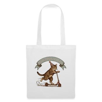 Chat en scooter - Toujours à l’heure - Sac en tissu - blanc - Devant