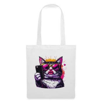 Chat cool avec lunettes de soleil – Conception de chat selfie - Sac en tissu - blanc - Devant