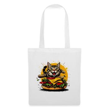 Katze mit großem Burger – Lustiges Fast Food Art - Stoffbeutel - Weiß - Vorne