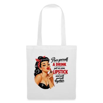 Pin-Up Girl mit Kussmund & Lippenstift Spruch - Stoffbeutel - Weiß - Vorne