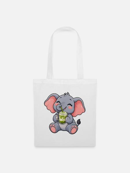 Süßer Elefant mit Matcha Latte - Stoffbeutel - Weiß