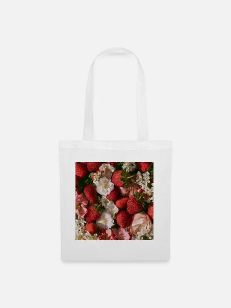 Romantische Erdbeeren und Blumen - Stoffbeutel - Weiß