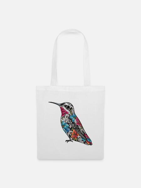 Kolibri Floral Tattoo-Stil - Stoffbeutel - Weiß