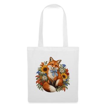 Fuchs mit Trachtenschleife & Alpenblumen - Stoffbeutel - Weiß - Vorne