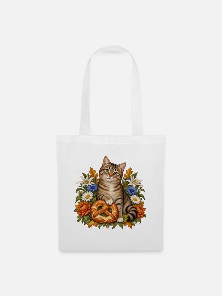 Katze mit Brezel & Alpenblumen - Stoffbeutel - Weiß