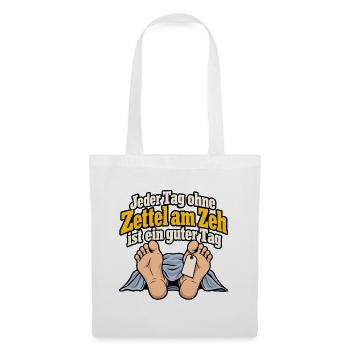 Zettel am Zeh – Schwarzer Humor - Stoffbeutel - Weiß - Vorne