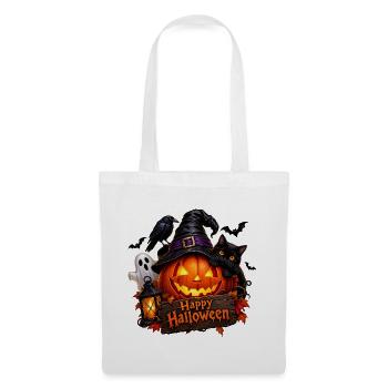 Halloween Kürbis mit Katze - Stoffbeutel - Weiß - Vorne