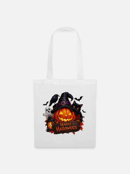 Halloween Kürbis mit Katze - Stoffbeutel - Weiß