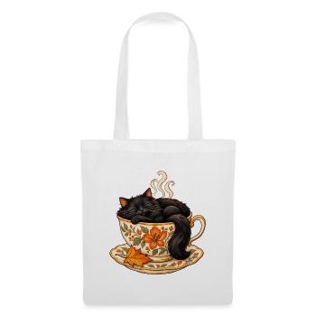 Schwarze Katze in einer floralen Teetasse – Herbstillustration - Stoffbeutel - Weiß - Vorne