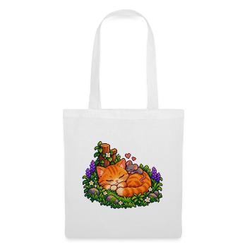 Kuschelnder Gartenkater mit Maus - Stoffbeutel - Weiß - Vorne