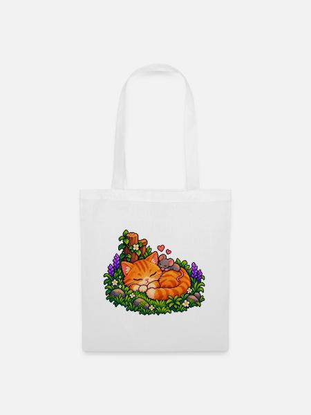 Kuschelnder Gartenkater mit Maus - Stoffbeutel - Weiß