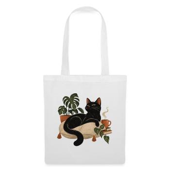 Schwarze Katze auf Kuschelkissen - Stoffbeutel - Weiß - Vorne
