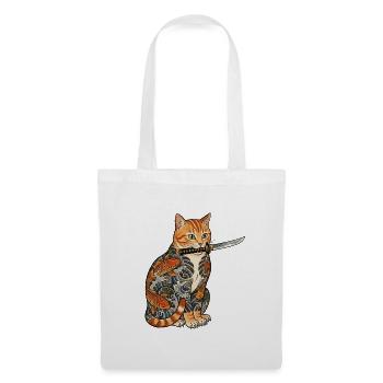Tattoo Katze mit Messer - Stoffbeutel - Weiß - Vorne