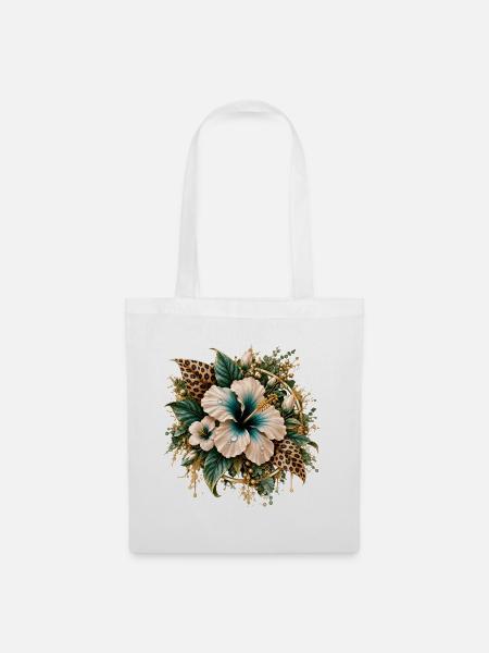 Goldene Hibiskus-Blüten mit Leoparden-Print - Stoffbeutel - Weiß
