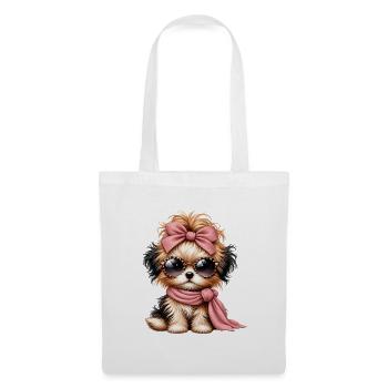 Pudelchen mit Rosa Schleife und Brille - Stoffbeutel - Weiß - Vorne