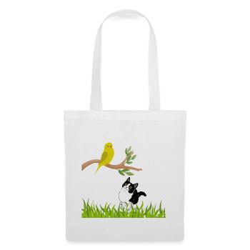 Sonniger Singvogel und Neugierige Katze - Stoffbeutel - Weiß - Vorne