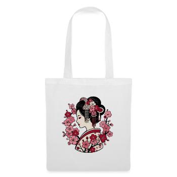 Geisha Silhouette mit Kirschblüten Japan Motiv - Stoffbeutel - Weiß - Vorne