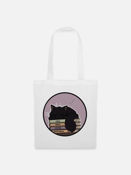 Schläfrige Katze auf Bücherstapel - Stoffbeutel - Weiß