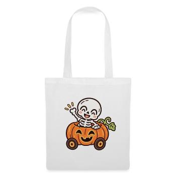 Lustiges Skelett im Kürbisauto – Halloween - Stoffbeutel - Weiß - Vorne