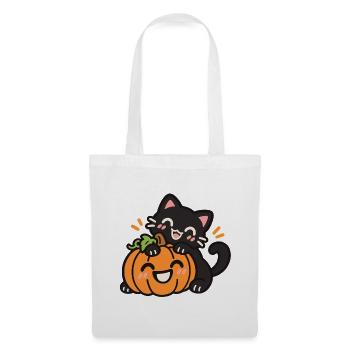 Süße schwarze Katze mit Halloween Kürbis - Stoffbeutel - Weiß - Vorne