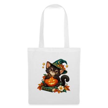 Halloween-Katze mit verzaubertem Kürbis - Stoffbeutel - Weiß - Vorne
