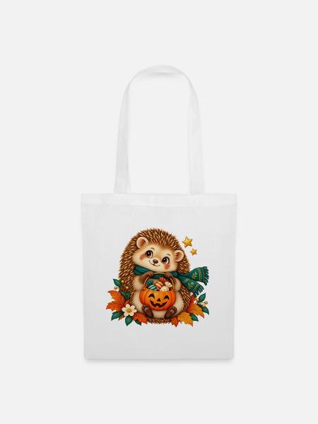 Igel-Herbst-Kürbis Halloween - Stoffbeutel - Weiß