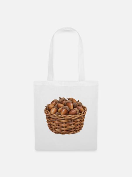 Weidenkorb gefüllt mit Eicheneicheln - Stoffbeutel - Weiß