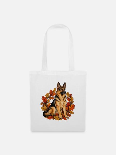 Schäferhund mit Herbstlaub – Hunde Geschenk - Stoffbeutel - Weiß