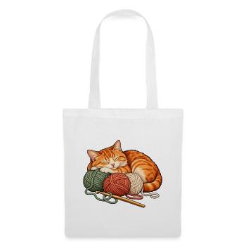Häkeln und Katzen - Katze mit Wollknäueln - Stoffbeutel - Weiß - Vorne