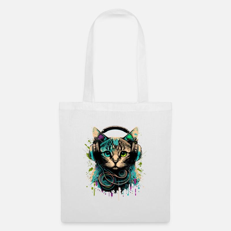 Katze mit Headset - Stoffbeutel - Weiß