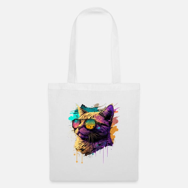 Katze mit Neon-Sonnenbrille - Stoffbeutel - Weiß