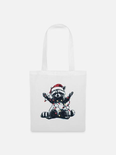 Waschbär mit Weihnachtsmütze und Lichterkette - Stoffbeutel - Weiß