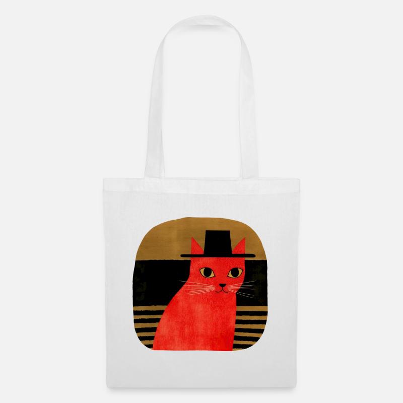 Rote Katze mit Hut Retro Art - Stoffbeutel - Weiß