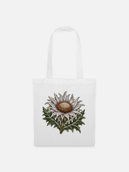 Silberdistel im Stickerei-Look - Stoffbeutel - Weiß