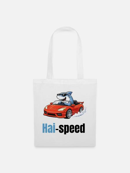 Haispeed | Cooler Cartoon-Hai im Sportwagen - Stoffbeutel - Weiß