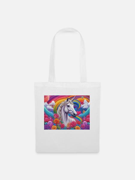 Majestätisches Einhorn mit Regenbogen und Rosen - Stoffbeutel - Weiß