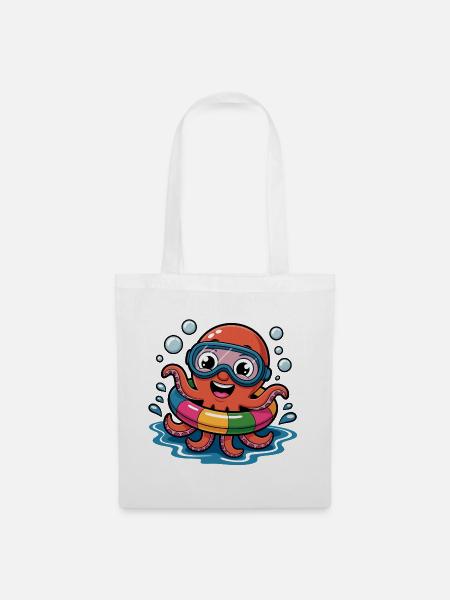 Bunter Oktopus mit Schwimmring & Taucherbrille - Stoffbeutel - Weiß