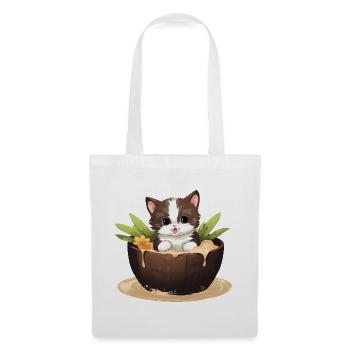 Katze mit Kokosnuss, Süßes Sommerdesign - Stoffbeutel - Weiß - Vorne