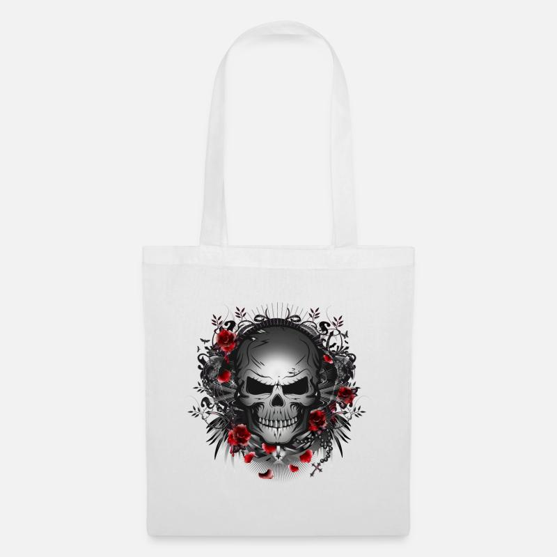 dunkler Gothic Skull mit roten Rosen - Stoffbeutel - Weiß