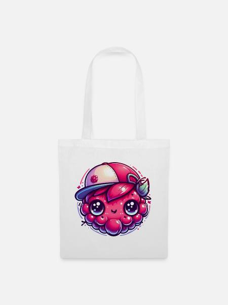Himbeere Kawaii mit bunter Kappe - Stoffbeutel - Weiß