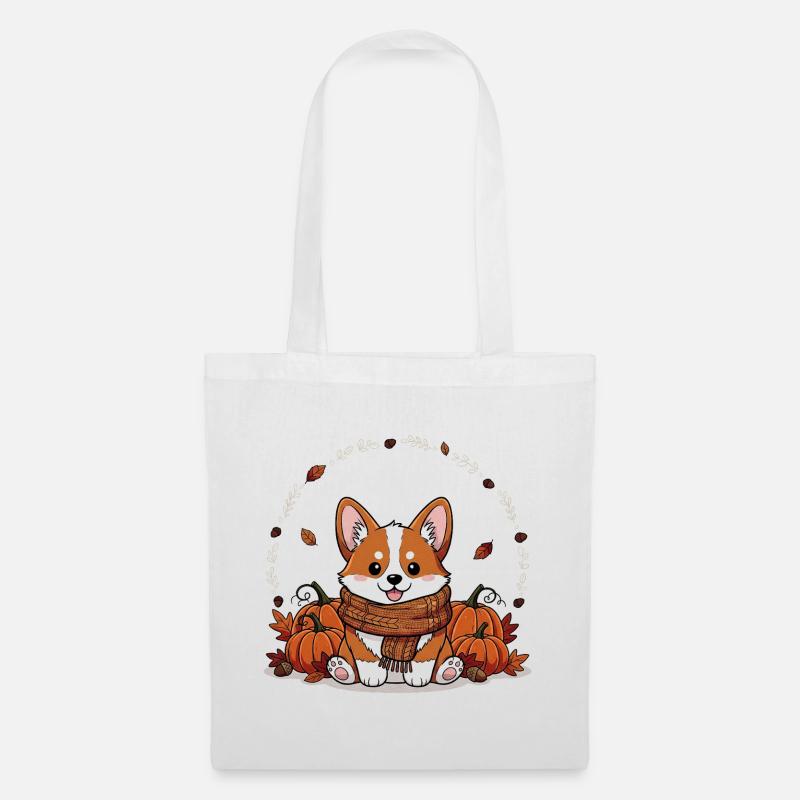 Süßer Herbst-Corgi mit Kürbis-Dekor - Stoffbeutel - Weiß