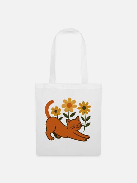 Orangene Katze im Blumenmeer - Stoffbeutel - Weiß