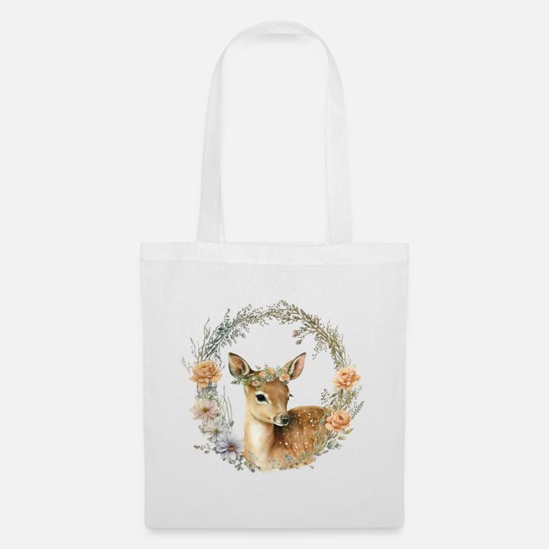 Vintage Rehkitz mit Blumenkranz - Stoffbeutel - Weiß