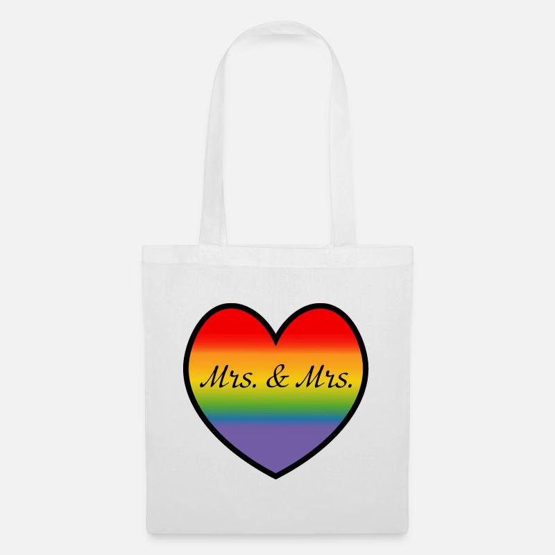 LGBT Mrs and Mrs Regenbogenherz lesbische Hochzeit - Stoffbeutel - Weiß