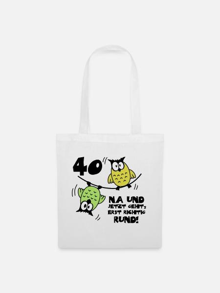 Geburtstag 40, Eulen am Drahtseil, rund - Stoffbeutel - Weiß