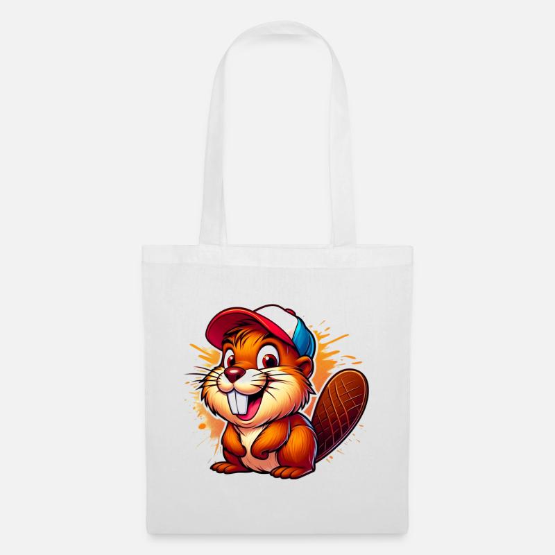 Biber mit Baseballkappe - Stoffbeutel - Weiß