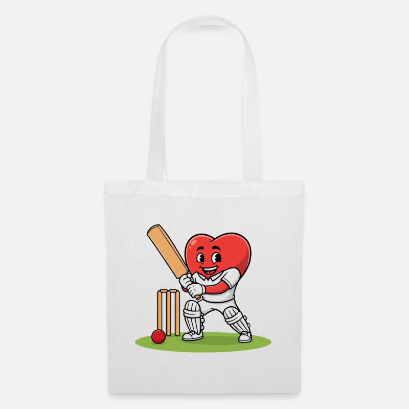 Cricket Herz Maskottchen mit Schläger und Ball - Stoffbeutel - Weiß