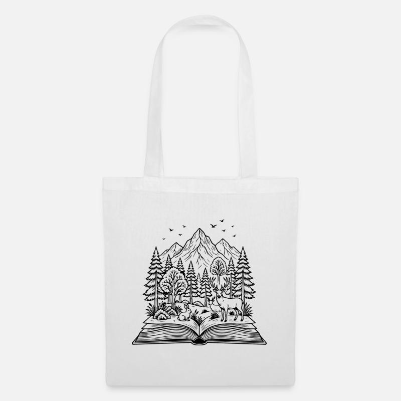 Open Book with Forest, Deer & Rabbit Design - Tote Bag - white