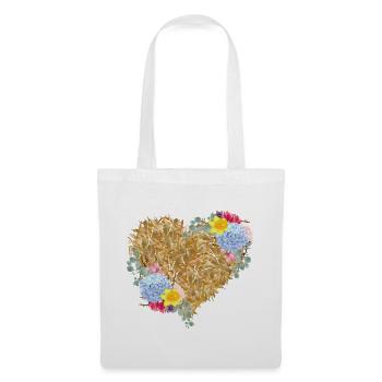 Cœur de paille avec des fleurs printanières - Sac en tissu - blanc - Devant