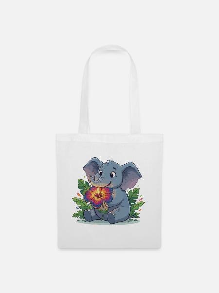 Elefant mit Hibiskusblüte - Stoffbeutel - Weiß